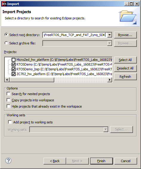 importing the RTOS TCP/IP and FAT projects