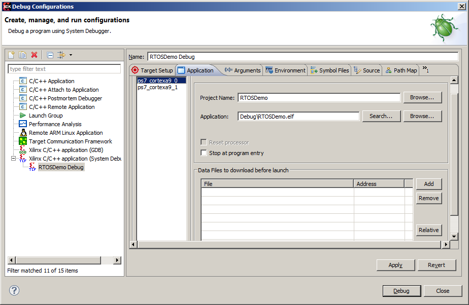 RTOS TCP/IP debug configuration 1