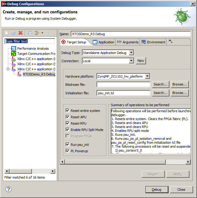 ARM Cortex-R5 RTOS demo Eclipse target setup tab