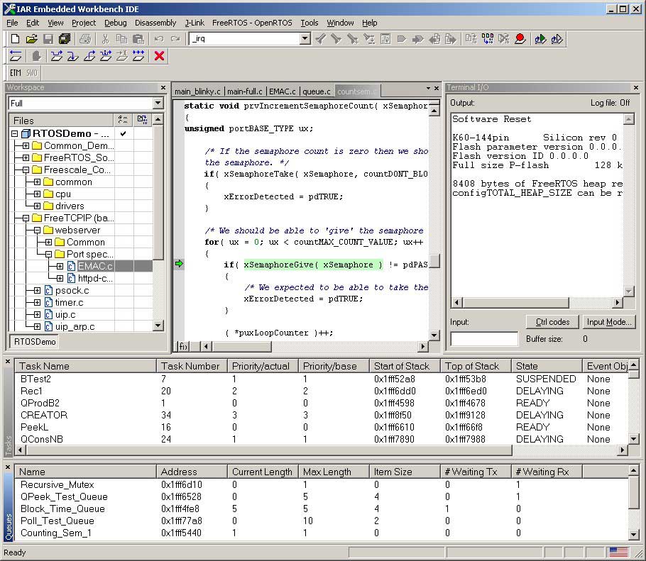 ewarm ide with FreeRTOS task and queue plug in windows visible